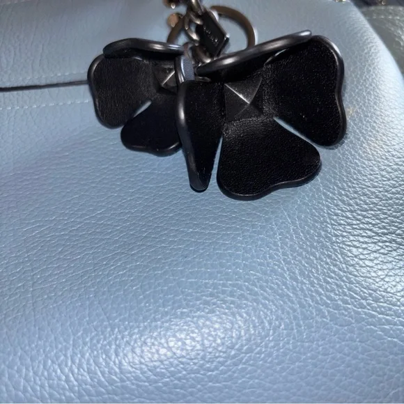 Coach Black Leather Floral Tea Rose Keychain Bag Charm - Picture 7 of 11
